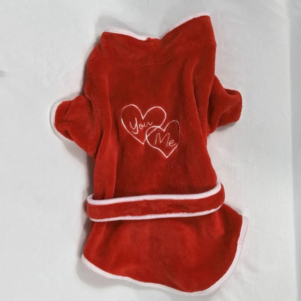 WOOF RED DOG/PET Valentine's Day Robe with Embroidered Hearts Size M
